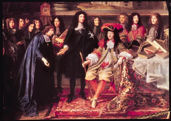 Jean-Baptiste Colbert (1619-83) Præsenterer medlemmerne af Det Kongelige Videnskabsakademi til Ludvig XIV (1638-1715) detaljer om den centrale del, ca. 1667